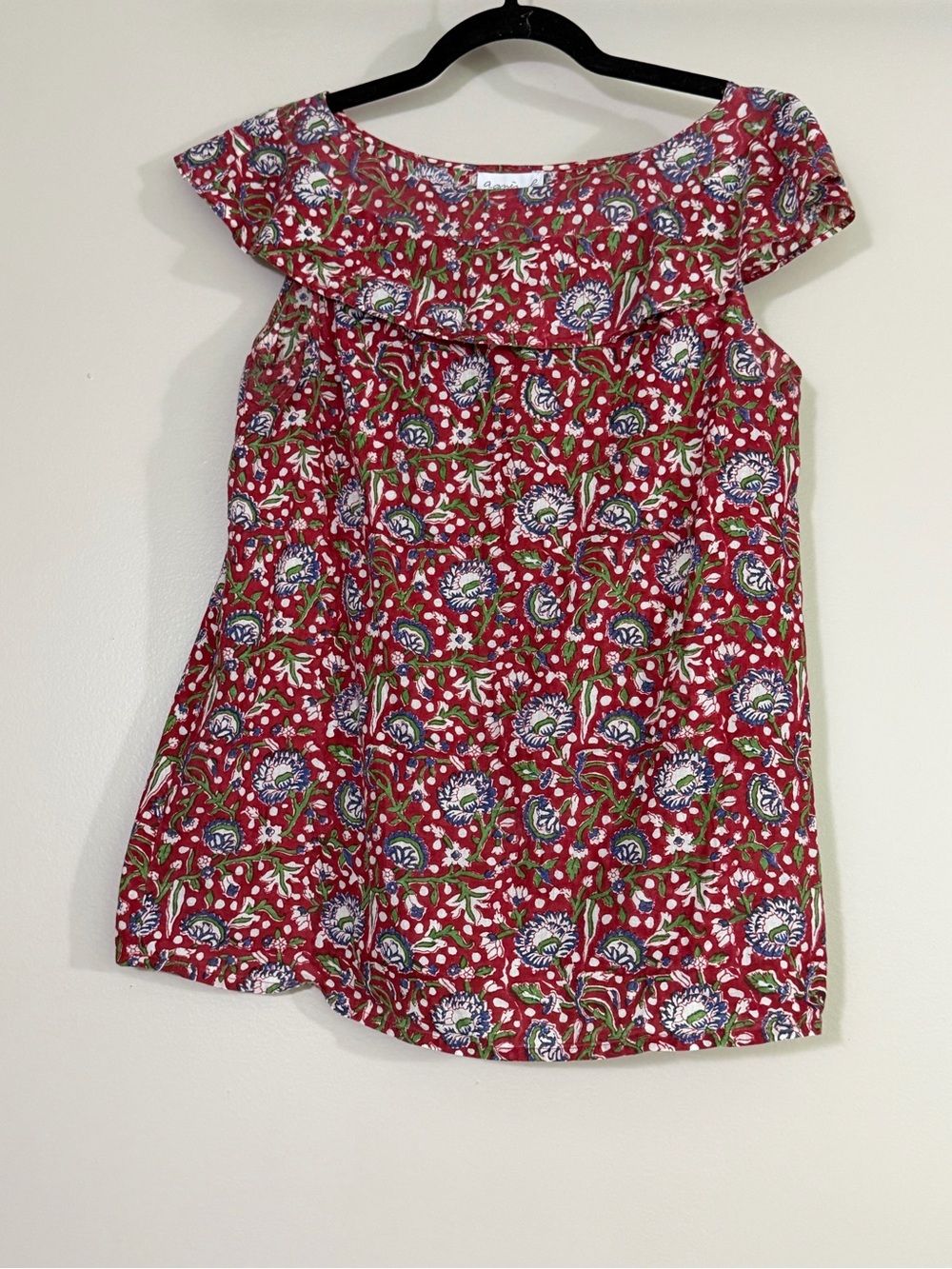 AGNES B. - Red Floral block print Ruffle Yoke Top, sz 1 (~ US women's S)